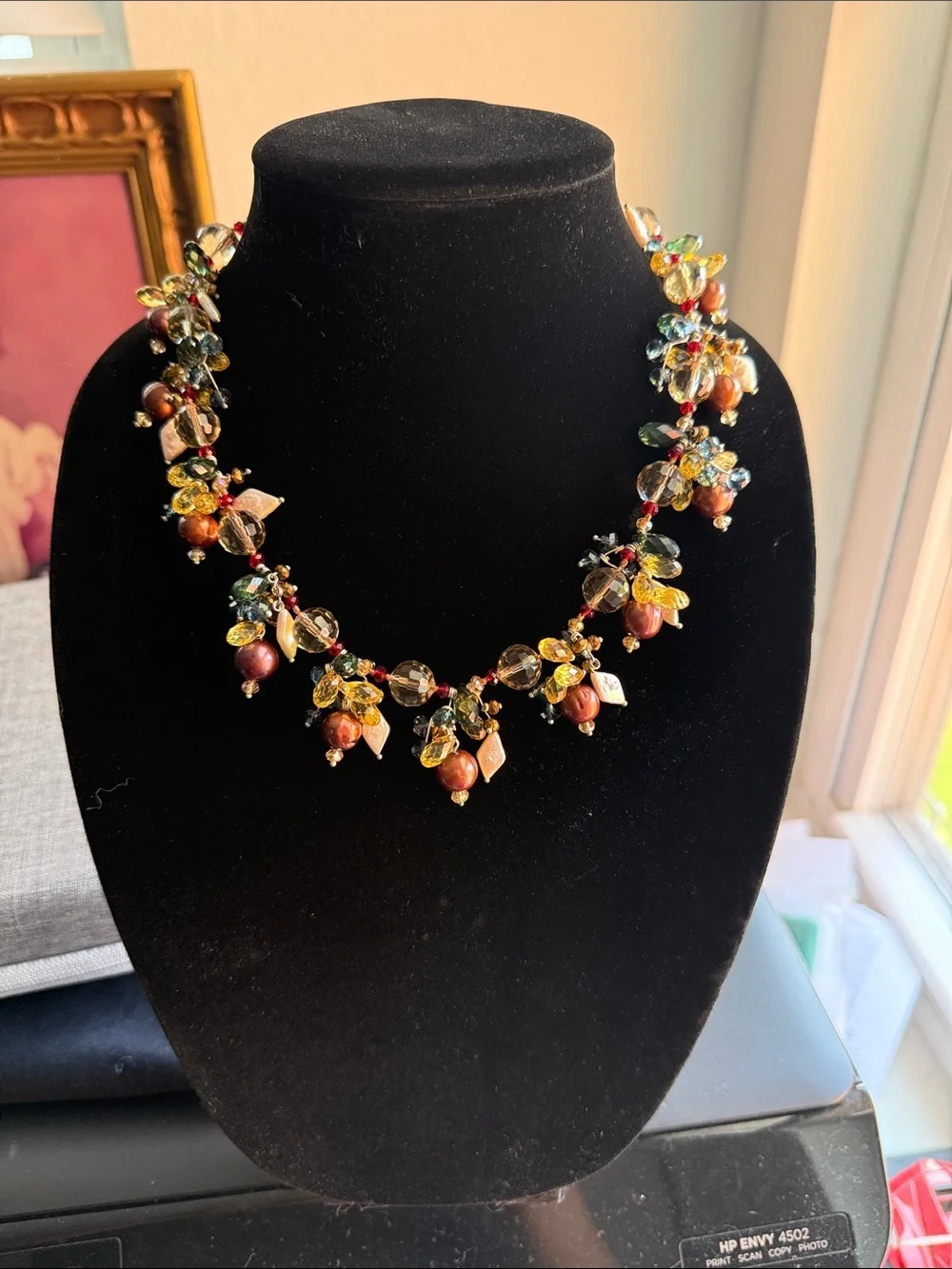 Beaded Cluster Necklace | Multicolor Crystal Faux Pearl Floral Boho Luxe